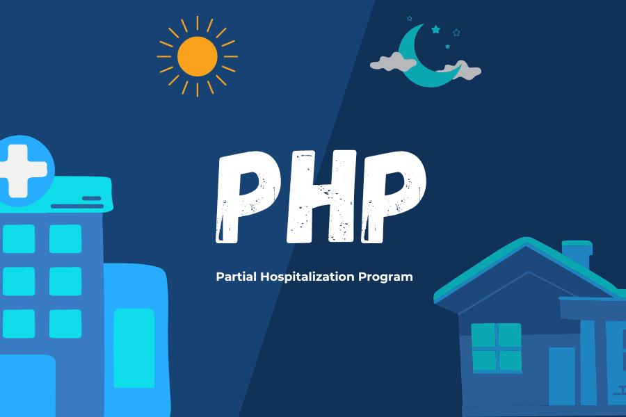 A hospital illustration with sun on the right and a house with moon on the left. PHP written on the center