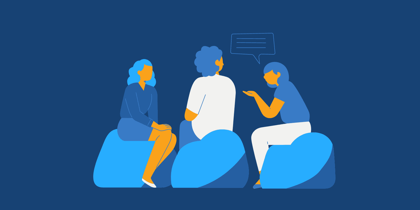 Illustration of people with long hair sitting on comfy cushions talking to each other