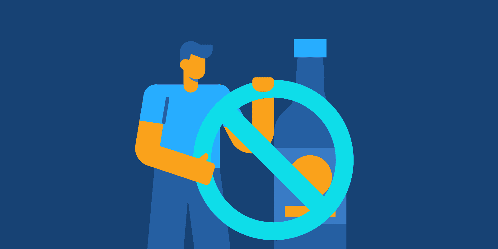 A simple graphic of a male figure holding an x sign in front of a bottle of alcohol