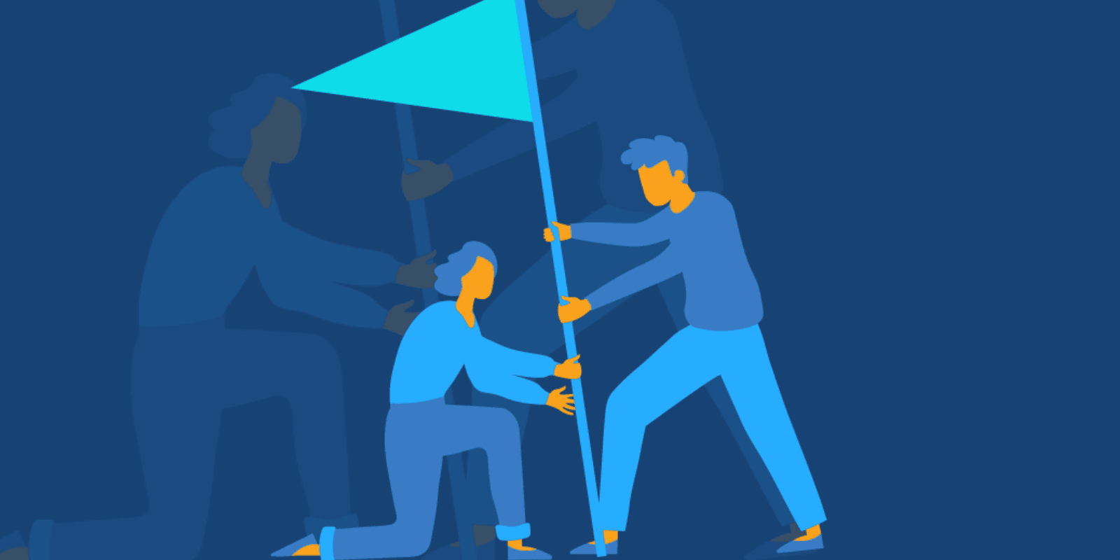 An illustration of two people putting a flag and a shadow behind them
