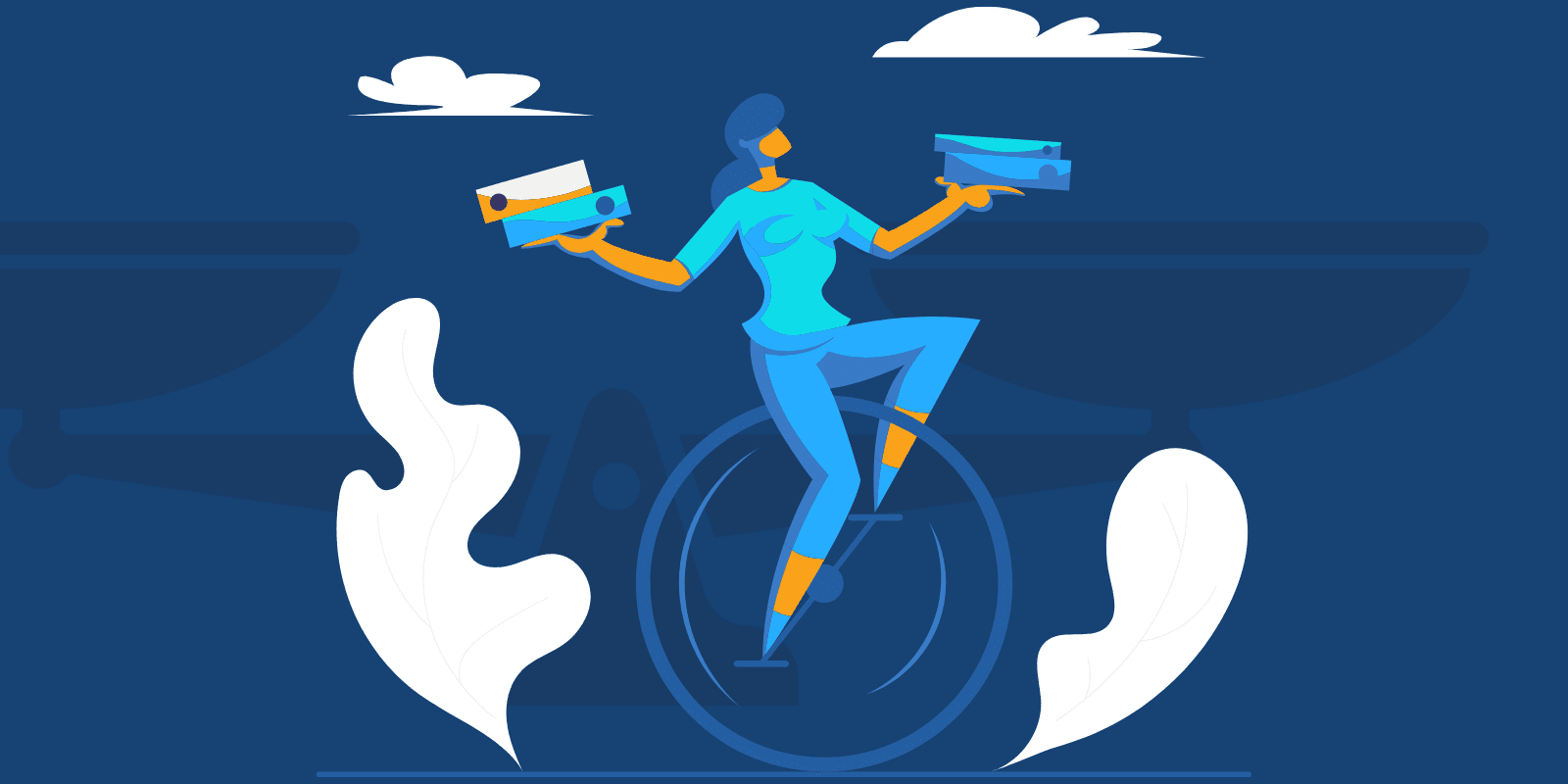 An illustration of a woman riding a unicycle balancing things on her hand