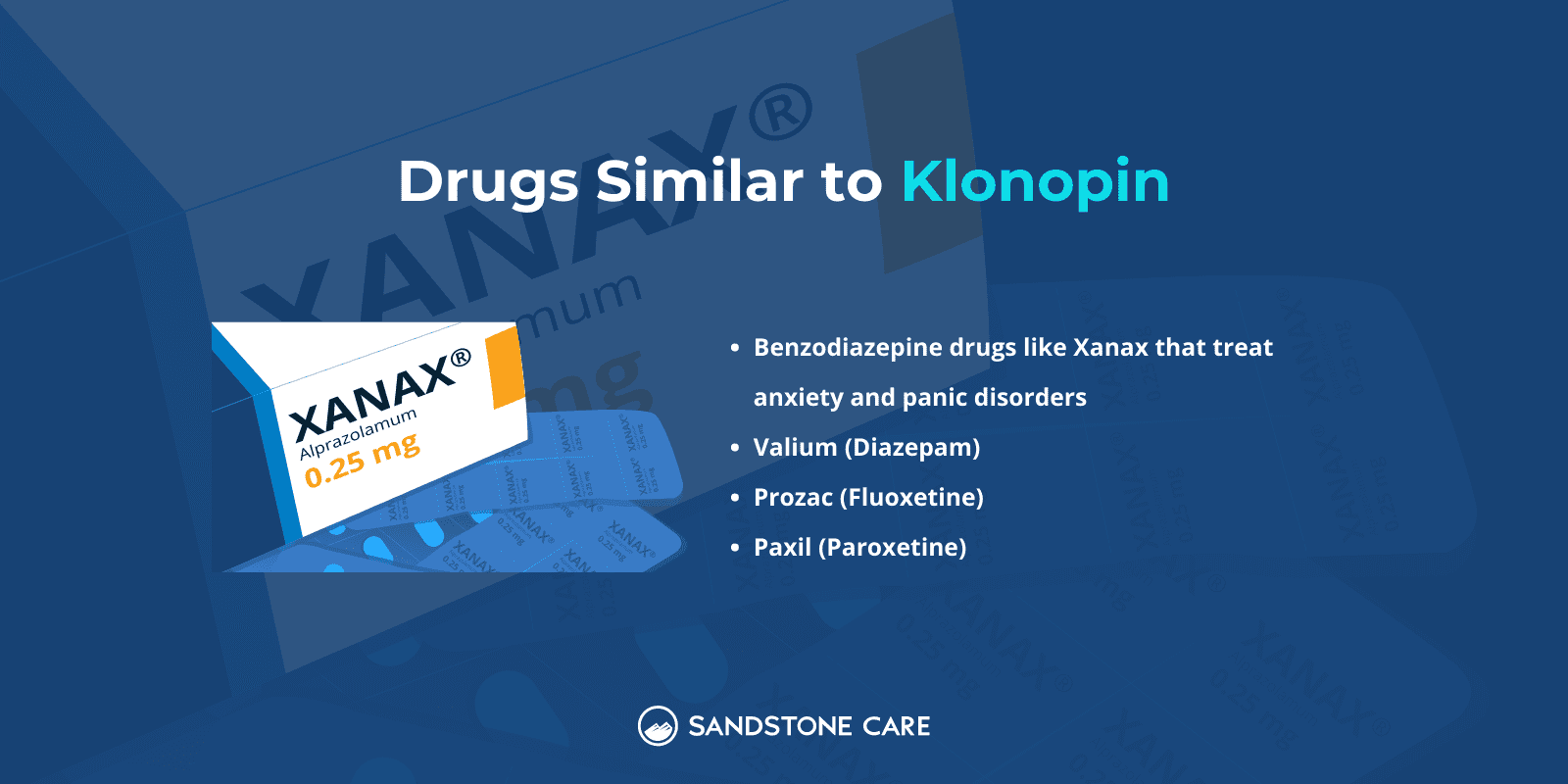 Drugs similar to klonopin infographic with Xanax digital illustration and lists of similar drugs to Klonopin