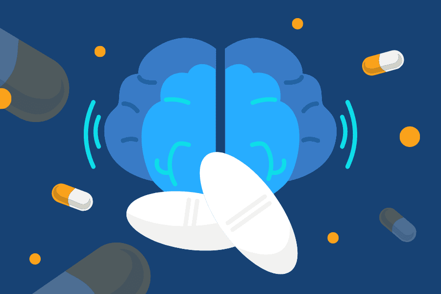 A brain experiencing a seizure and gabapentin pills around it