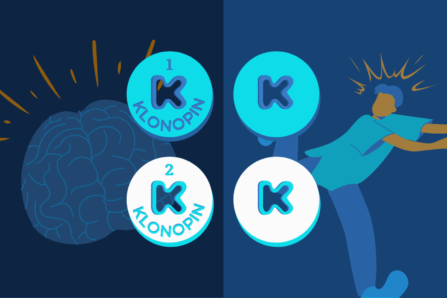 Klonopin pills on top of divided background where left illustrates brain seizure and right illustrates a man having a panic attack