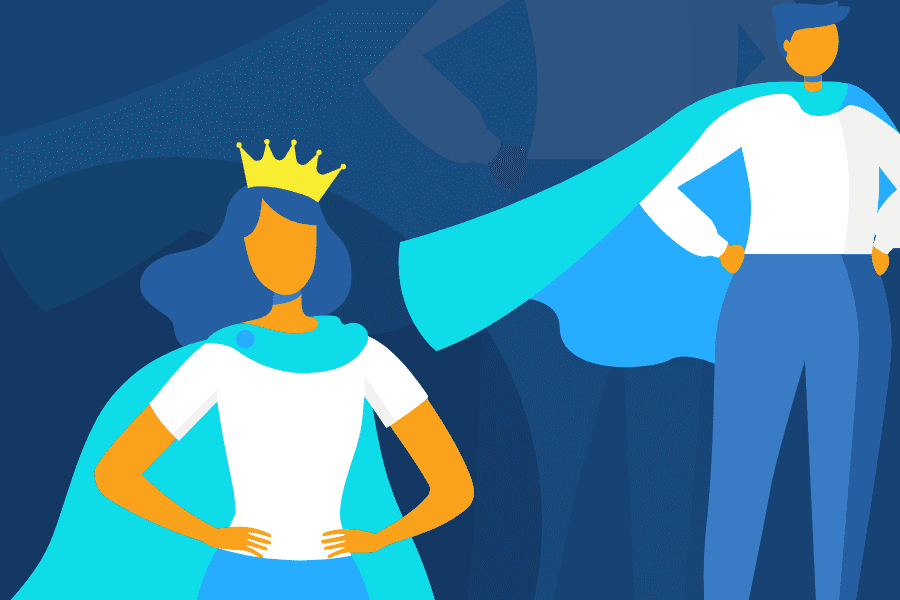 An illustration of a female figure feeling super powerful and wearing a crown and a cape and a male also feeling super powerful with cape and doing a power pose.