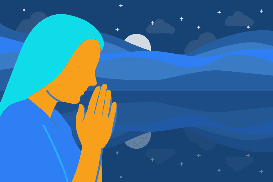Art of a woman praying in front of a lake with a moon reflected in it.