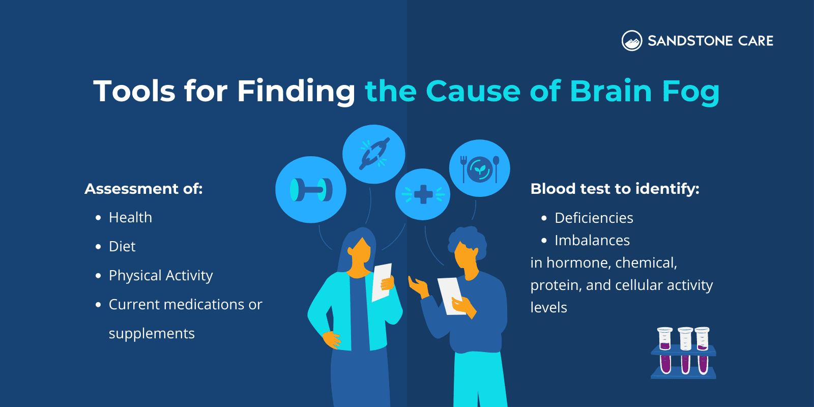 "Tools for Finding the Cause of Brain Fog" is written above "assessment of health, diet, physical activity, current medications or supplements," an illustration of two women looking at a paper discussing health, diet, etc., and "Blood test to identify deficiencies and imbalances"