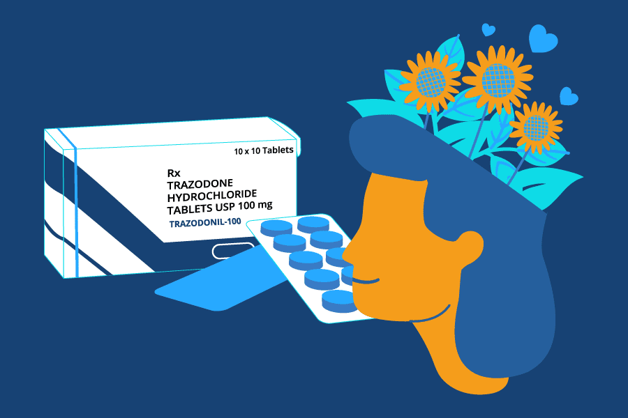 Digital Illustration of Trazodone box and pills with a person with flowers growing out from her head and smiling