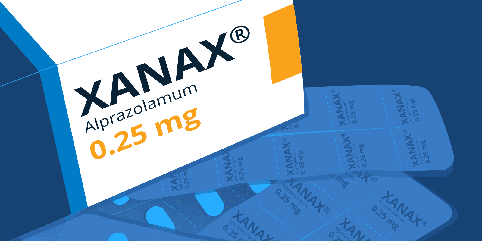 Xanax box and pills graphic in Sandstone Branded colors