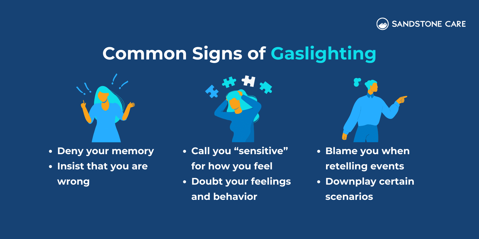 Common Signs Of Gaslighting are written under each relevant illustration like a woman denying something, a woman looking puzzled, a man blaming someone else.