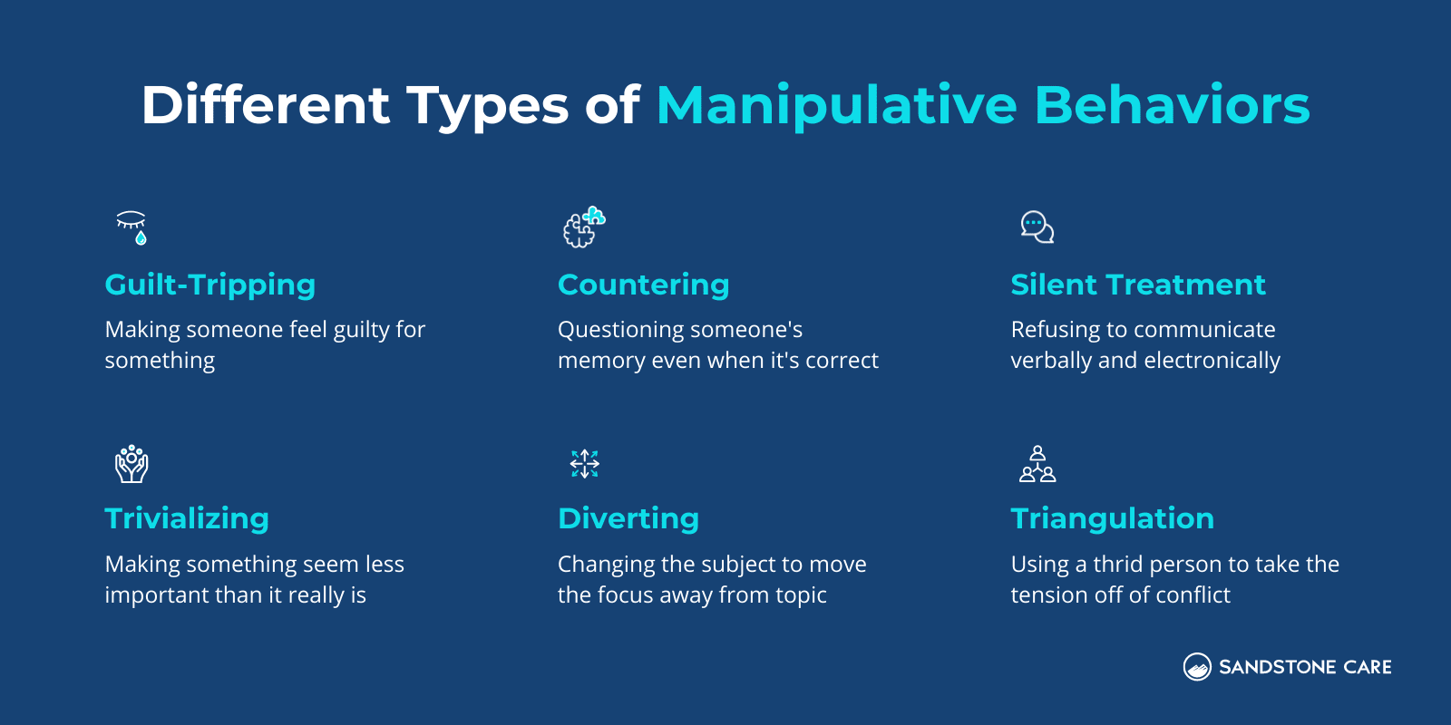 "Different Types of Manipulative Behaviors" written on top of list of 6 behaviors with relevant icons and explanation