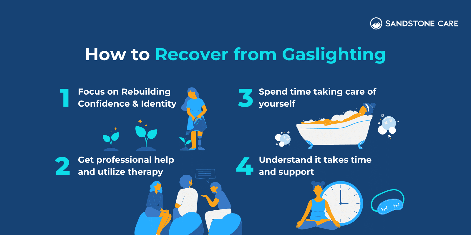 4 Tips to recover from gaslighting represented with relevant illustrations