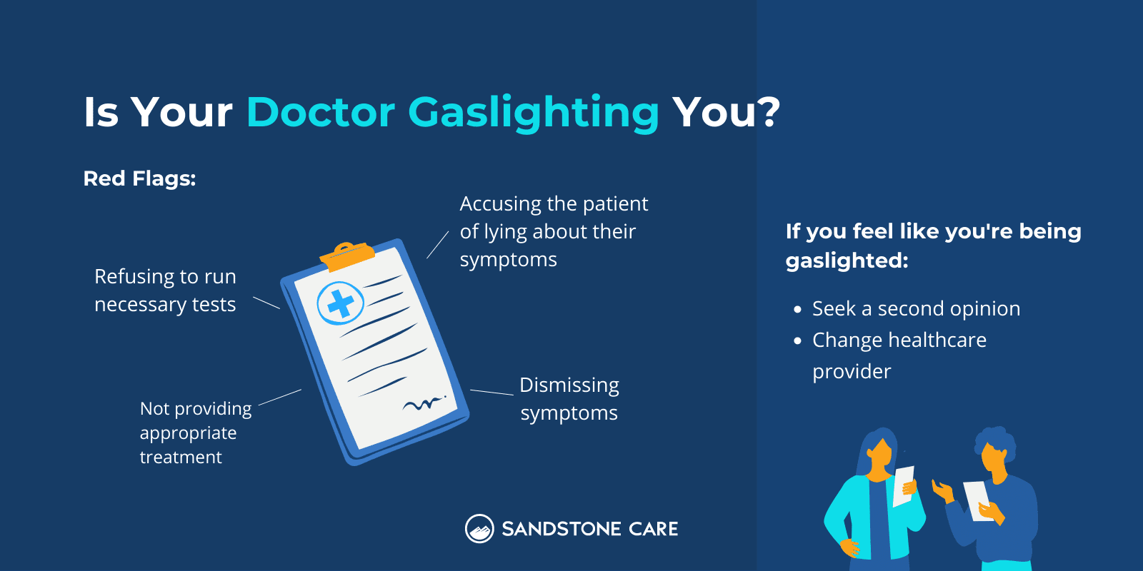 "Is your doctor gaslighting you?" is written at the top of the infographic. Medical Gaslighting Behavior Examples written around a medical chart and response tips written above an illustration of women talking to each other while looking at papers.