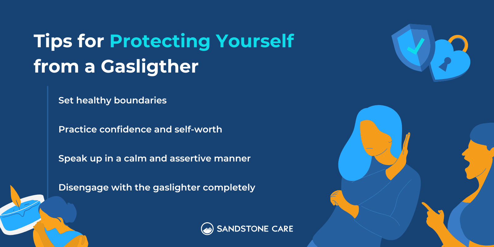 4 Tips to protecting your mental health from a gaslighter listed out with relevant illustration on a dark navy background