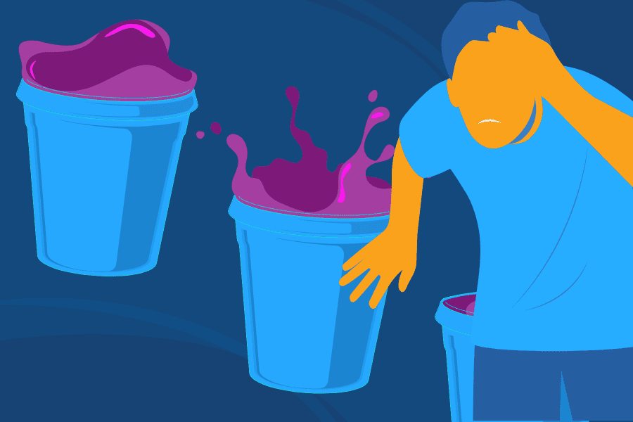 A graphic of cups with purple liquid and a man feeling dizzy.