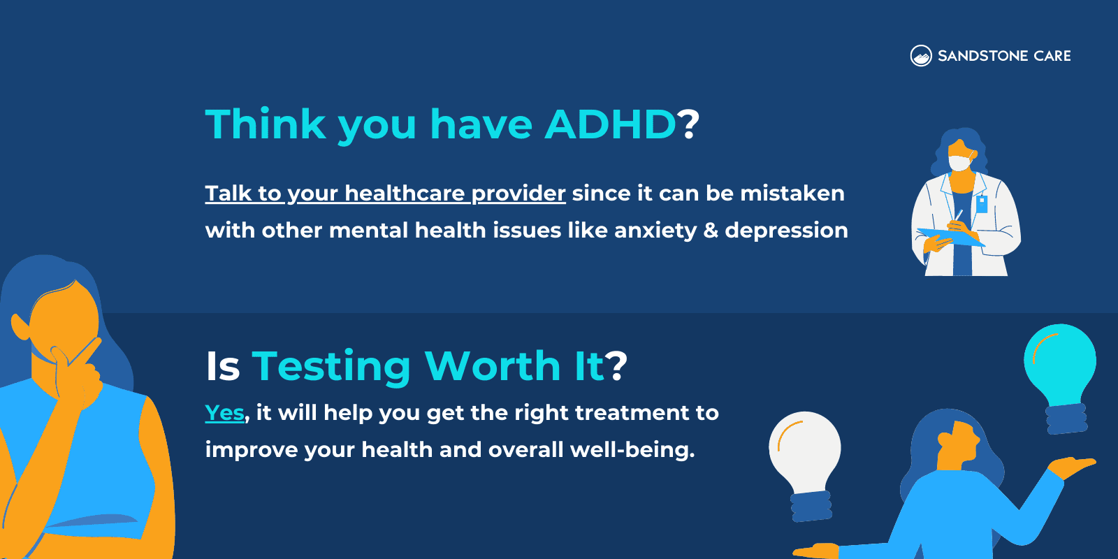 2 common questions on ADHD testing listed out with answers and relevant digital graphics