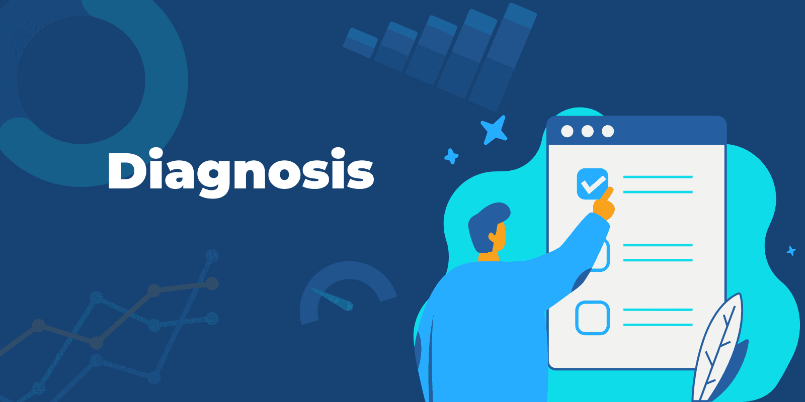 "Diagnosis" written above an Illustration of a person analyzing