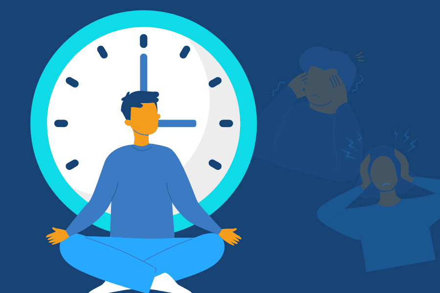 A digital illustration of a person being calm in front of the clock while there are other figures having anxiety symptoms in the background