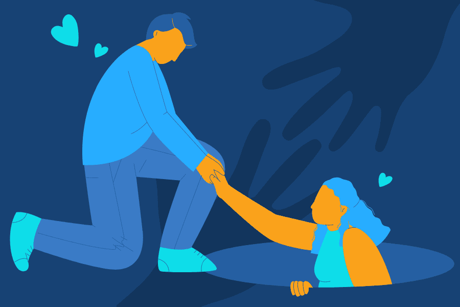 A digital illustration of a person pulling someone out from a hole with his hand
