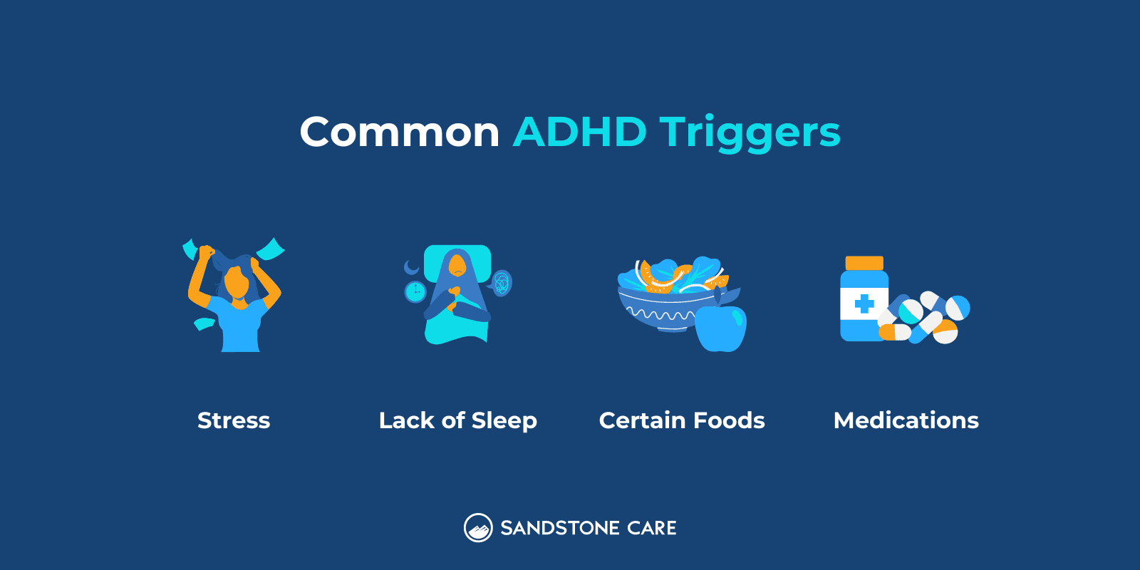 Common ADHD Triggers listed out with relevant digital graphics