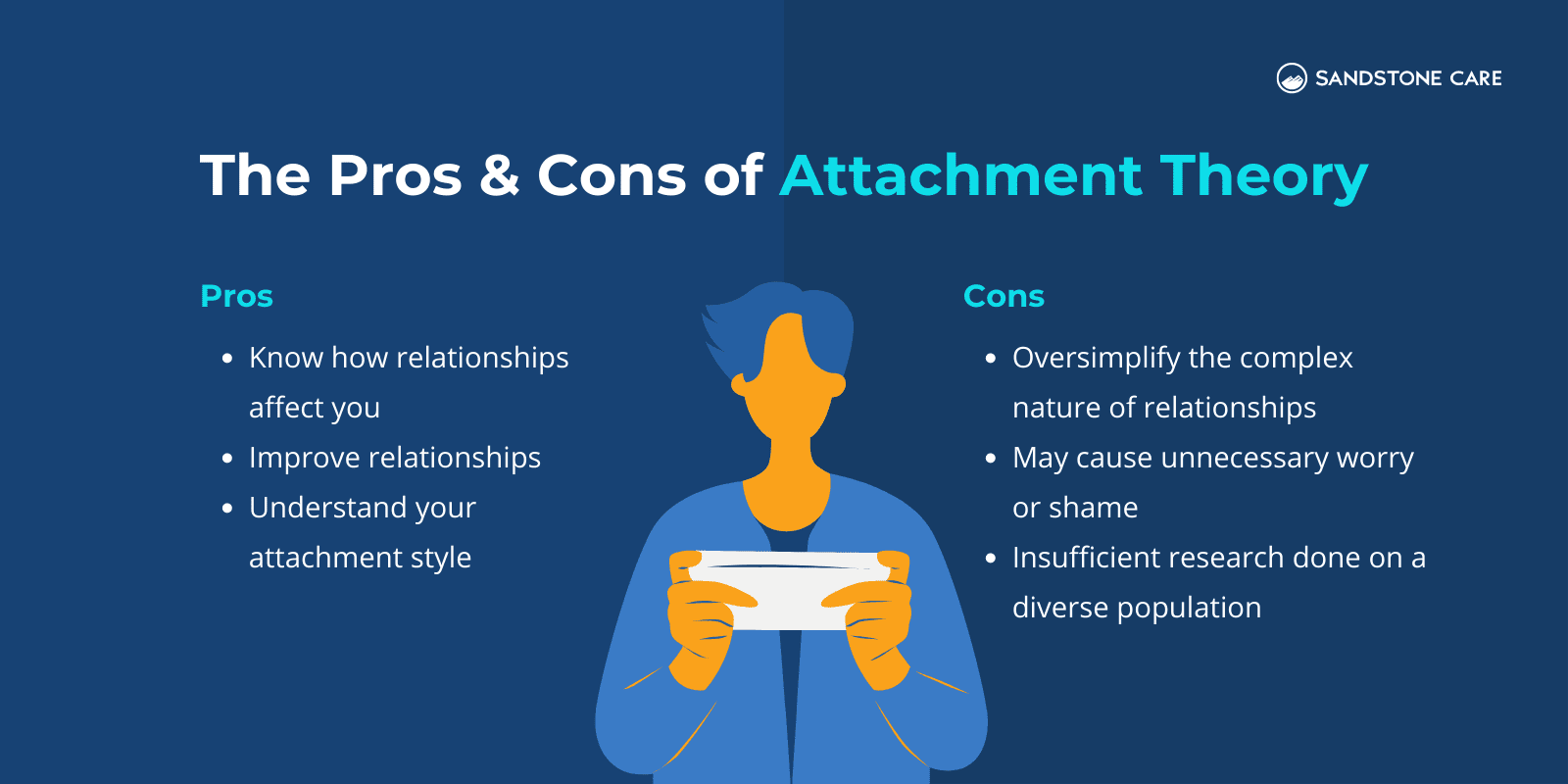 a man holding a tablet with the words pros and cons of attachment theory