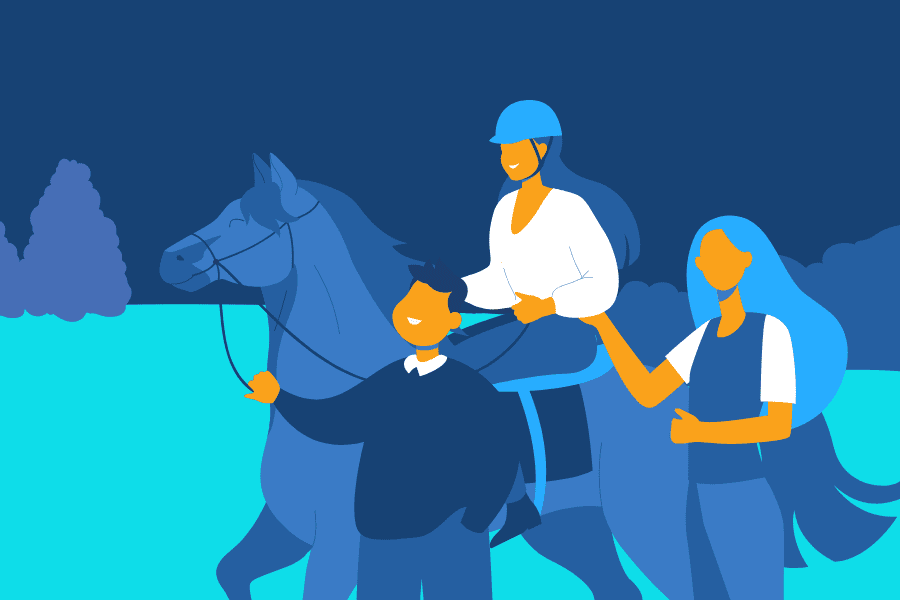 A graphic of a teenager riding a horse with a man and a woman helping guide them and the horse through the landscape.