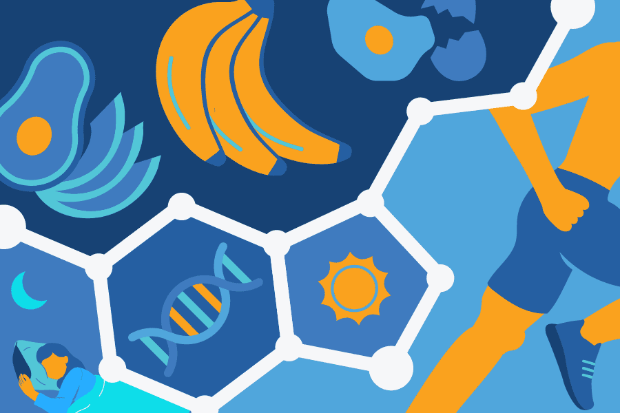 Graphic of healthy foods, dna, sunshine, and running in the serotonin chemical structure