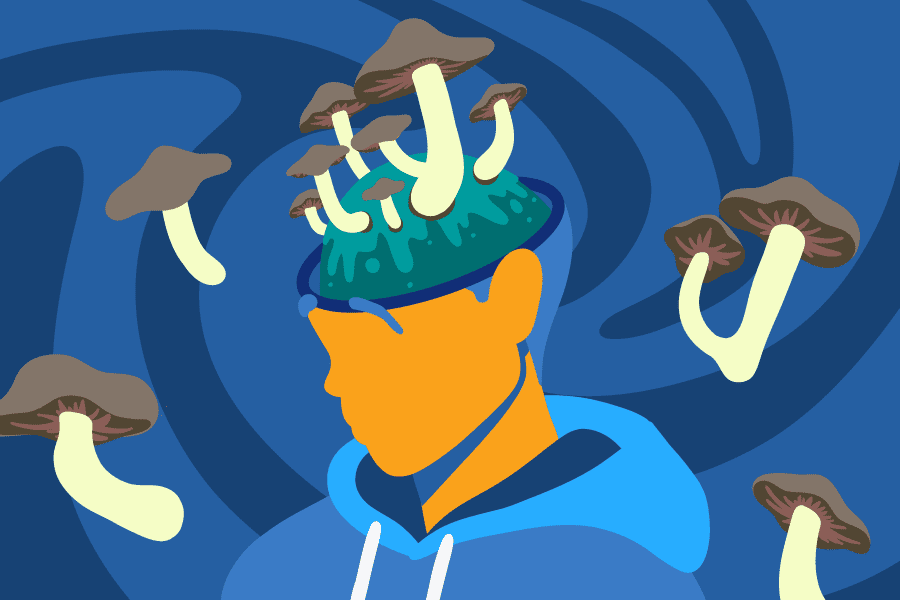there is a man with a hat that has mushrooms on it