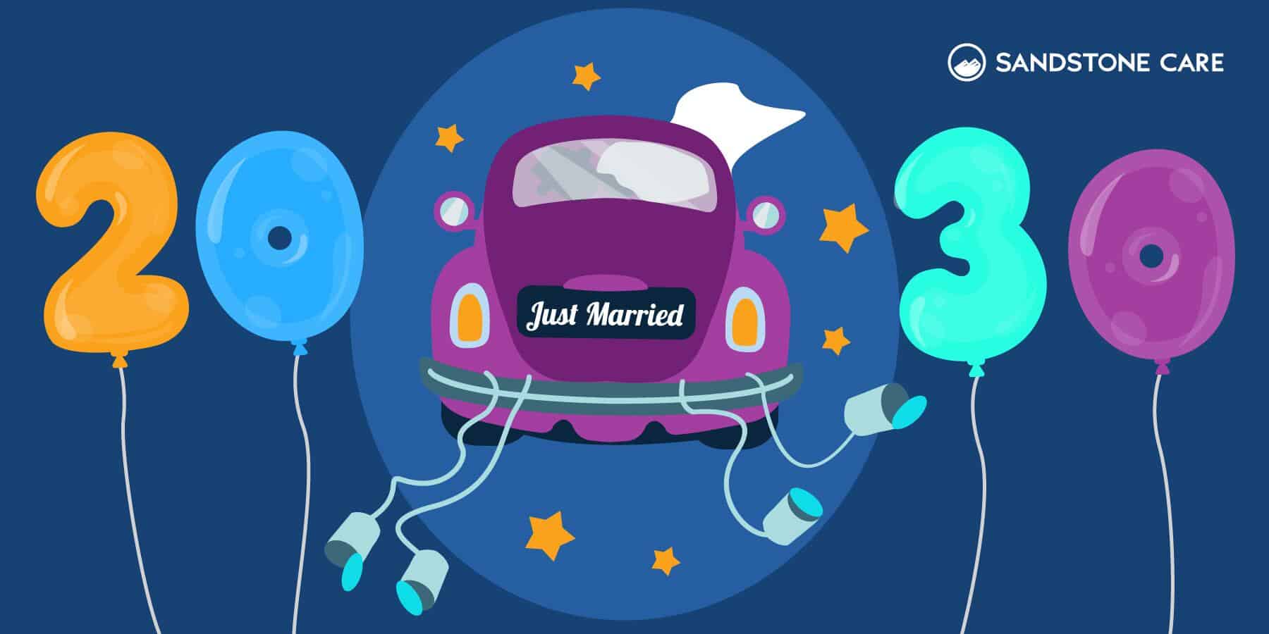 Graphic showing a wedding car between the birthday balloons of 20-30 to show age range of young adults